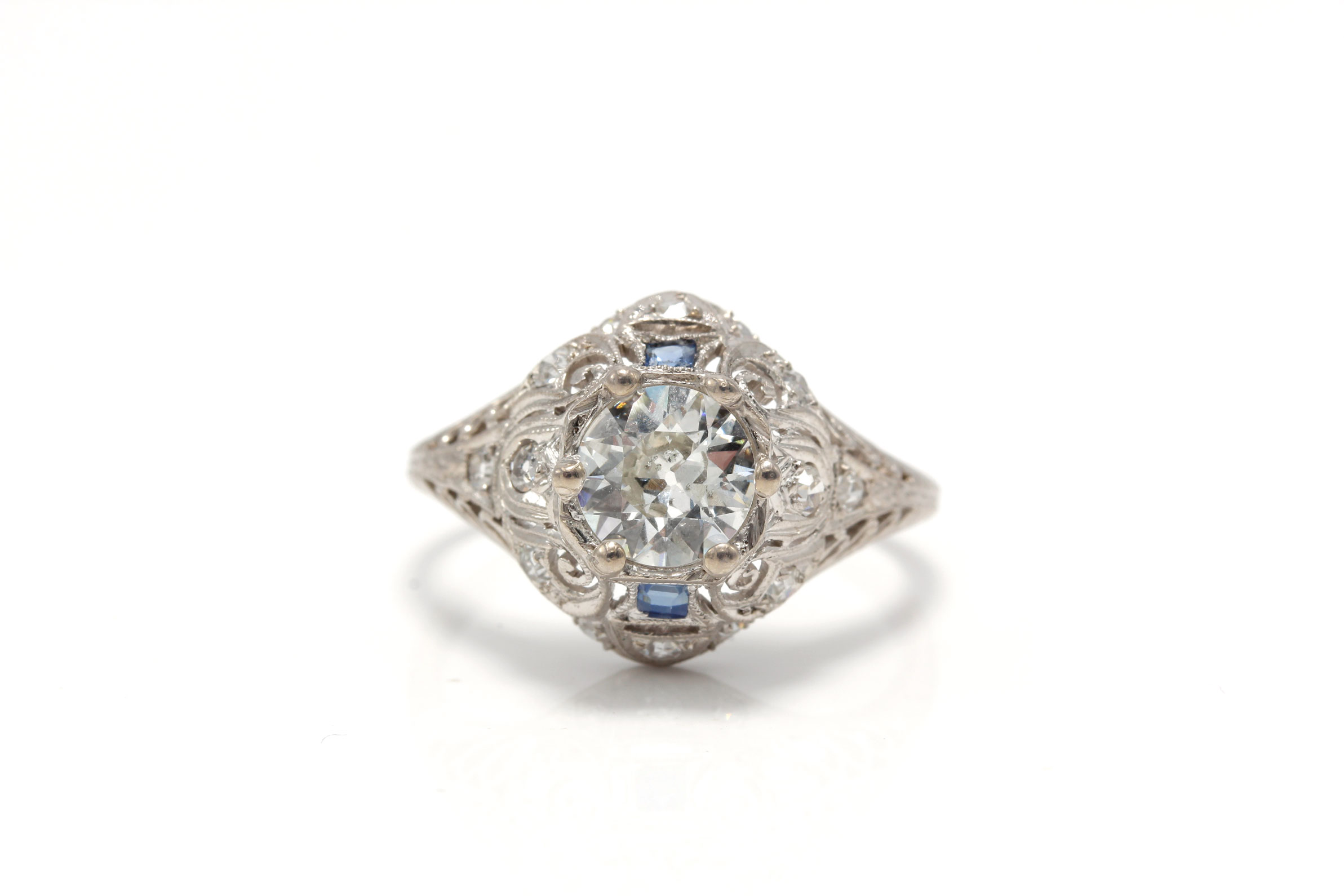 Edwardian Platinum 1.35 CTW Old European Cut Diamond and Sapphire Ring
