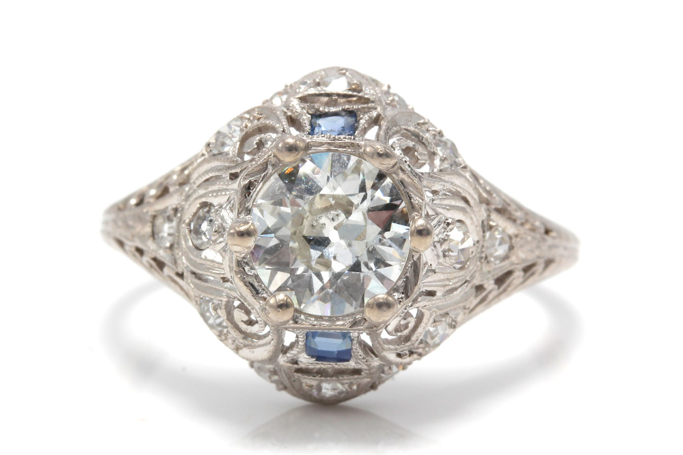 Edwardian Platinum 1.35 CTW Old European Cut Diamond and Sapphire Ring