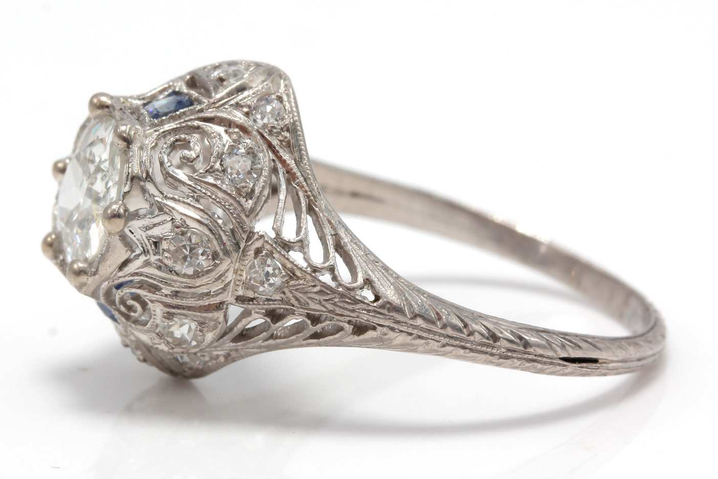 Edwardian Platinum 1.35 CTW Old European Cut Diamond and Sapphire Ring