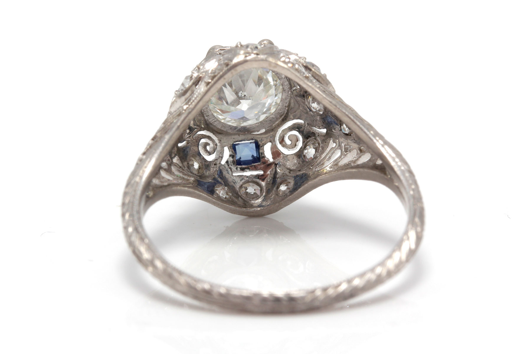 Edwardian Platinum 1.35 CTW Old European Cut Diamond and Sapphire Ring