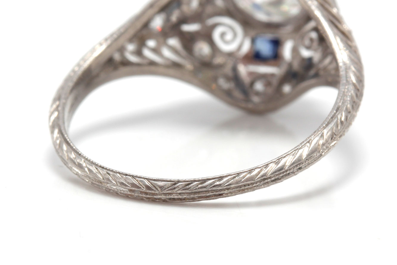 Edwardian Platinum 1.35 CTW Old European Cut Diamond and Sapphire Ring