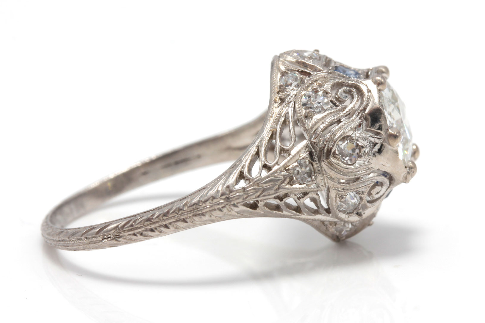 Edwardian Platinum 1.35 CTW Old European Cut Diamond and Sapphire Ring
