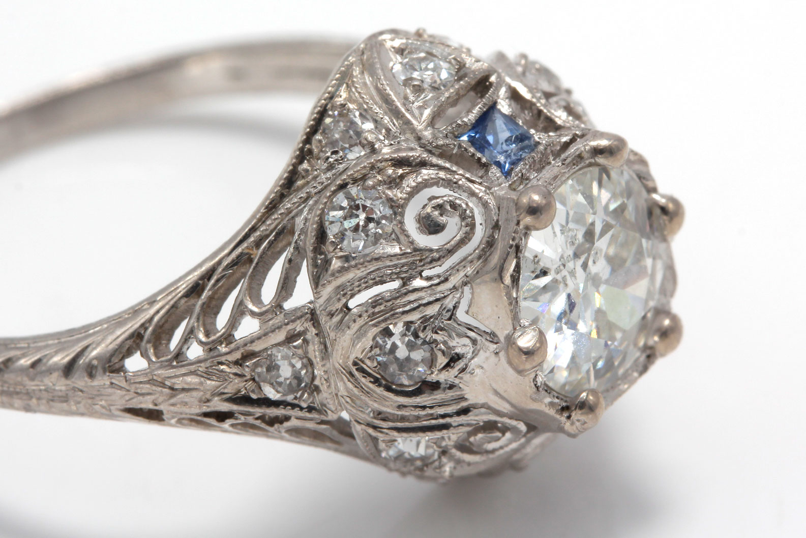 Edwardian Platinum 1.35 CTW Old European Cut Diamond and Sapphire Ring