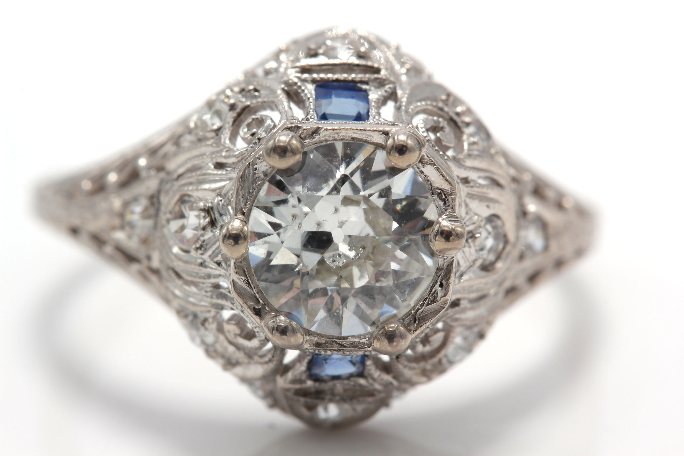 Edwardian Platinum 1.35 CTW Old European Cut Diamond and Sapphire Ring