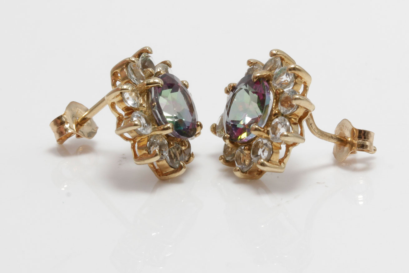 10K Yellow Gold Mystic Topaz and Rock Crystal Quartz Earrings
