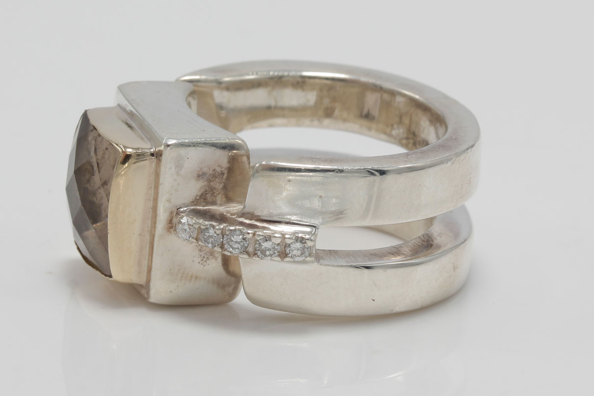 Michael Dawkins Sterling Silver 3.45 CTS Smoky Quartz and Diamond Ring