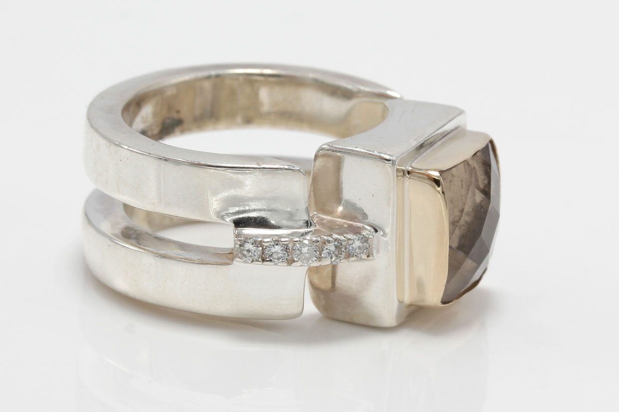 Michael Dawkins Sterling Silver 3.45 CTS Smoky Quartz and Diamond Ring