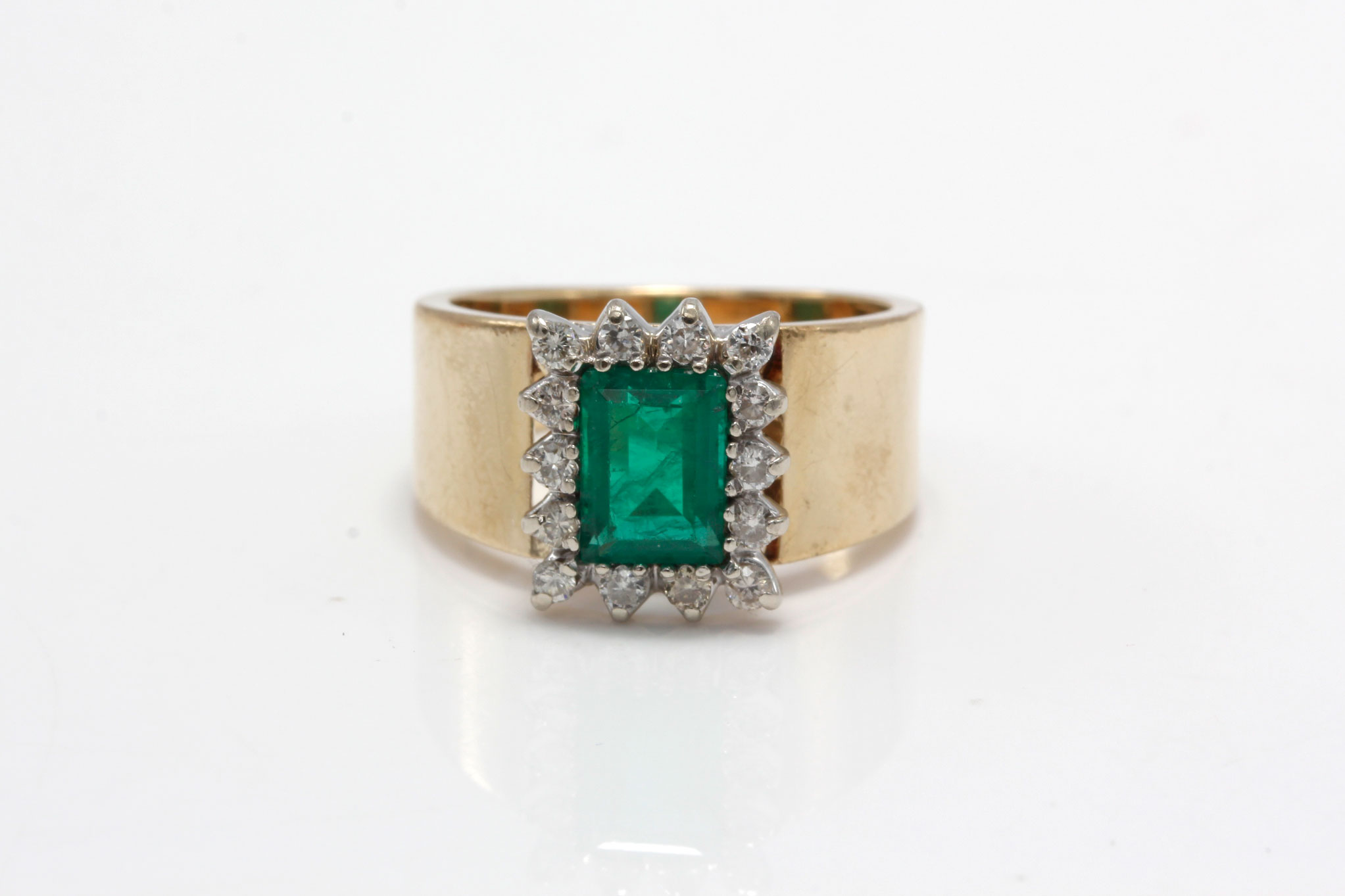 14K Yellow Gold Synthetic Emerald and Diamond Ring