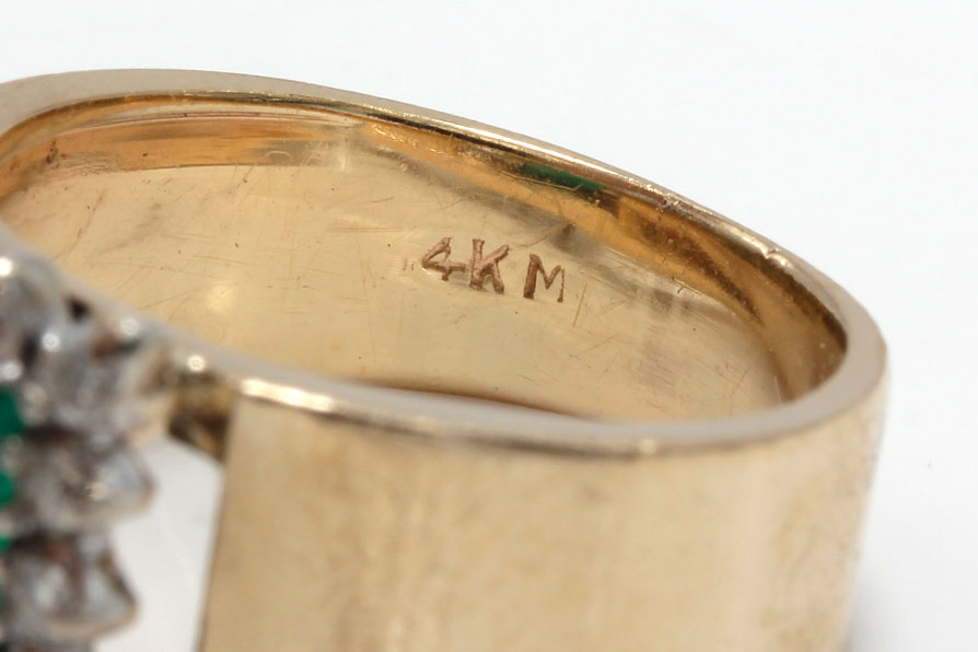 14K Yellow Gold Synthetic Emerald and Diamond Ring