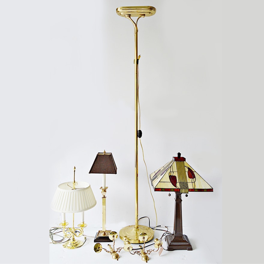 Three Table Lamps with Baldwin, Brass Floor Lamp and Wall Sconces