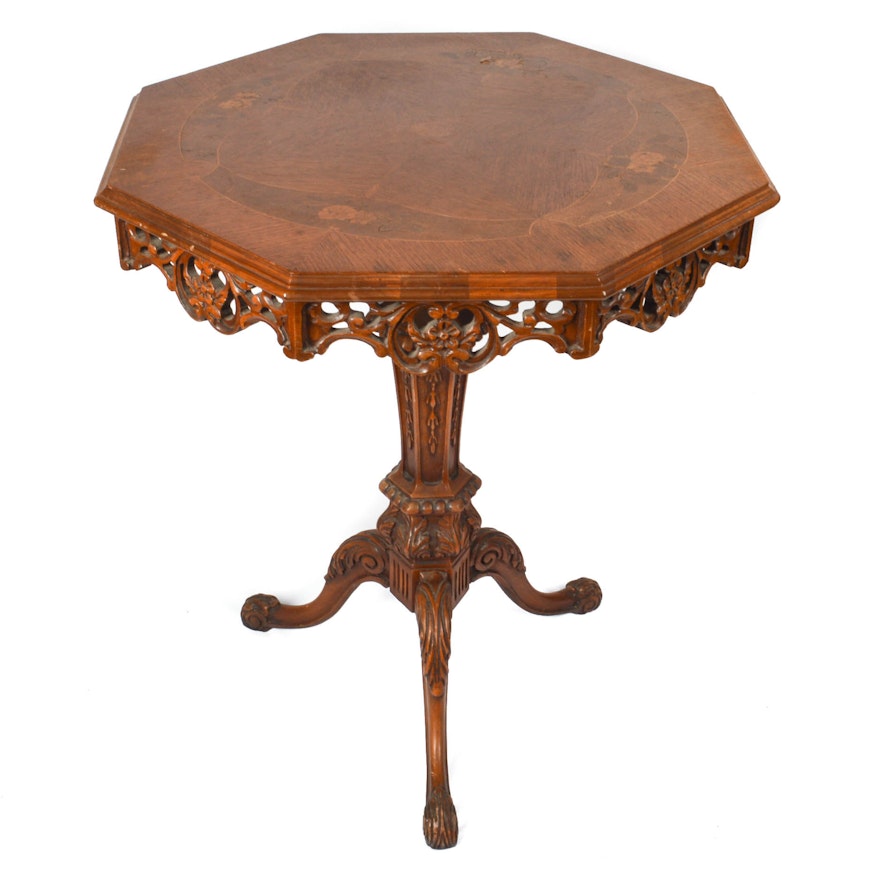 Vintage Heavily-Carved Parlor Table with Octagonal, Marquetry Top