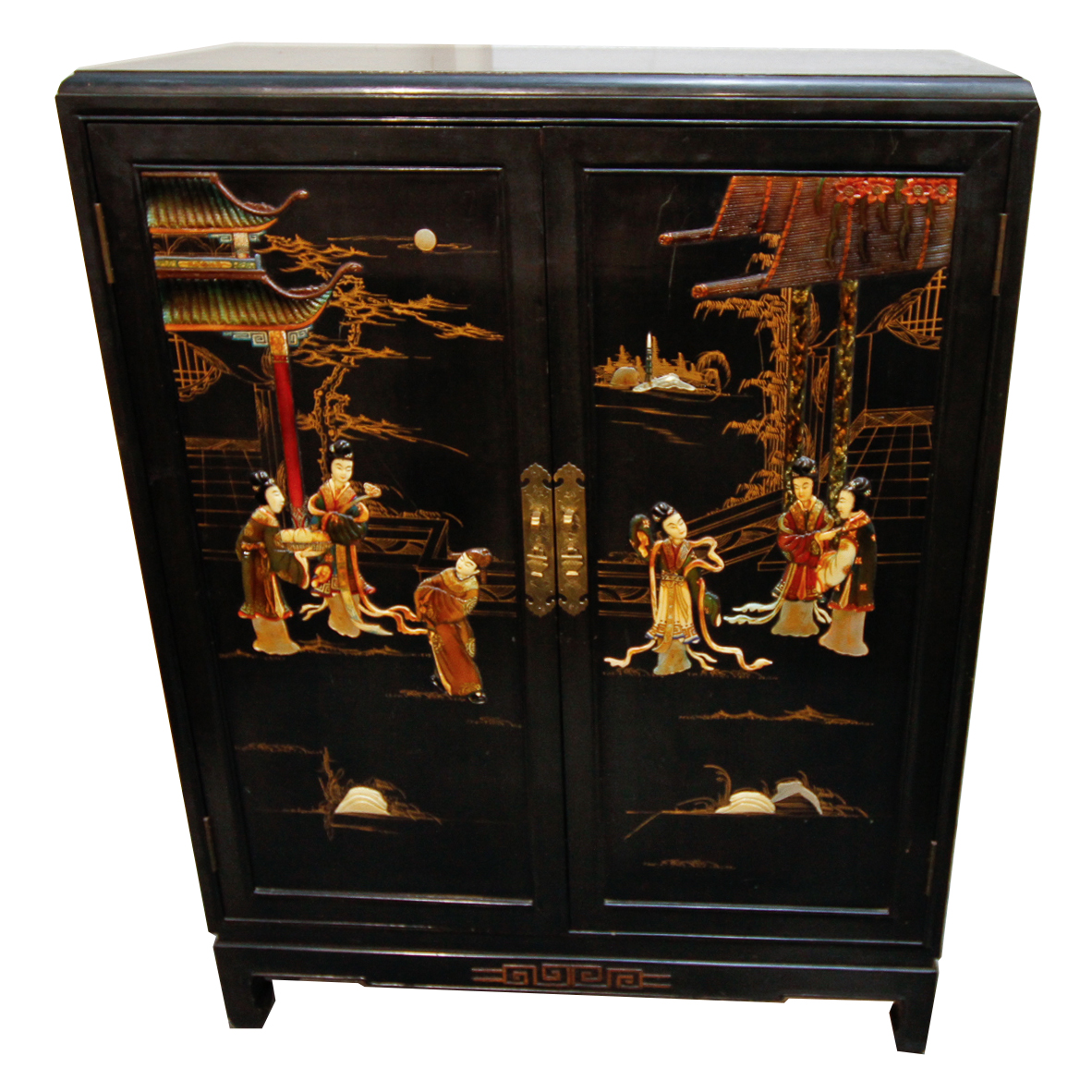 Vintage Chinoiserie Lacquered Cabinet with Hard Stone Applique