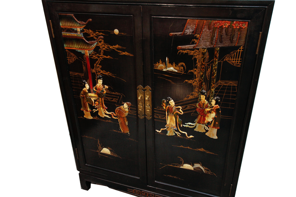 Vintage Chinoiserie Lacquered Cabinet with Hard Stone Applique