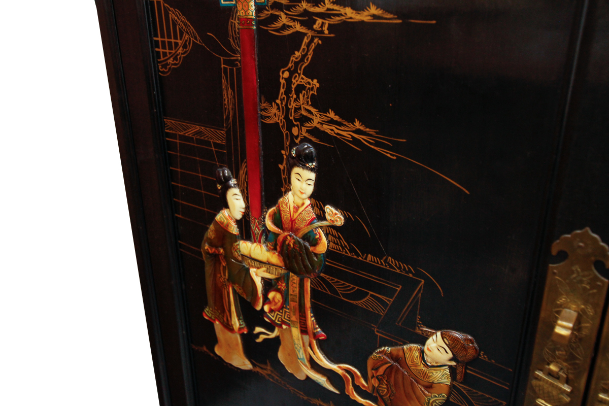 Vintage Chinoiserie Lacquered Cabinet with Hard Stone Applique