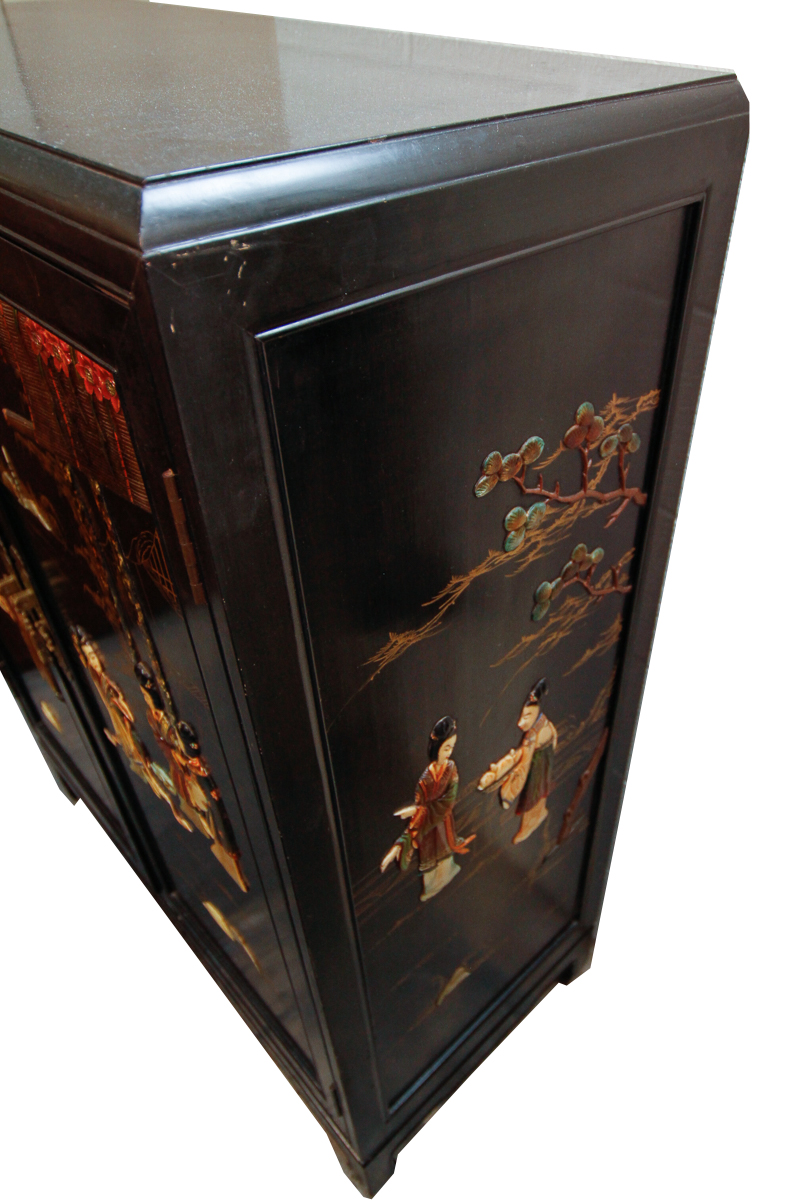 Vintage Chinoiserie Lacquered Cabinet with Hard Stone Applique