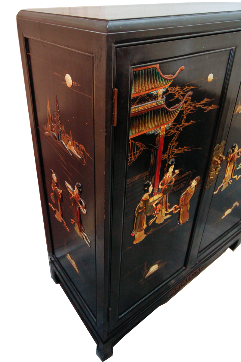 Vintage Chinoiserie Lacquered Cabinet with Hard Stone Applique