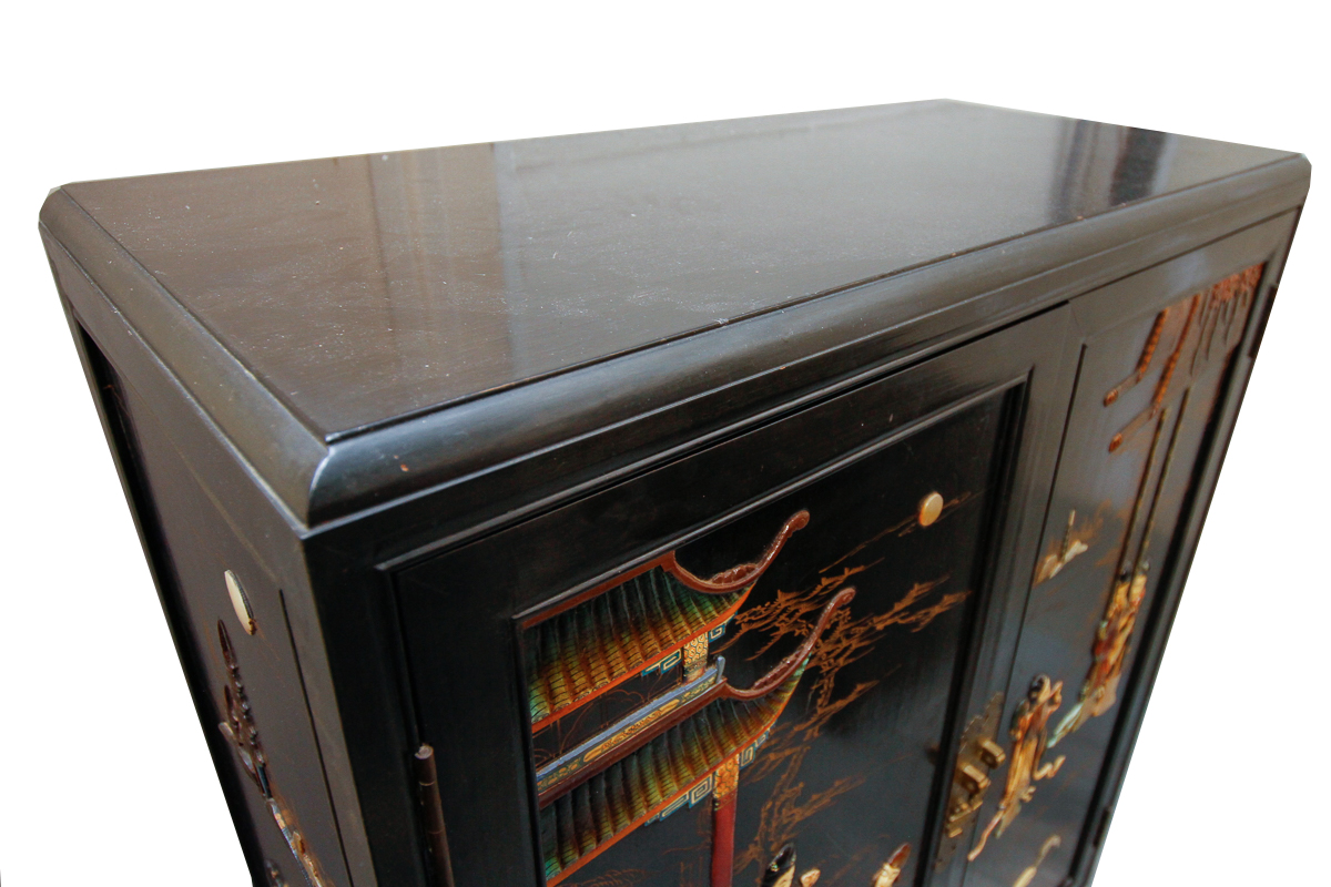 Vintage Chinoiserie Lacquered Cabinet with Hard Stone Applique