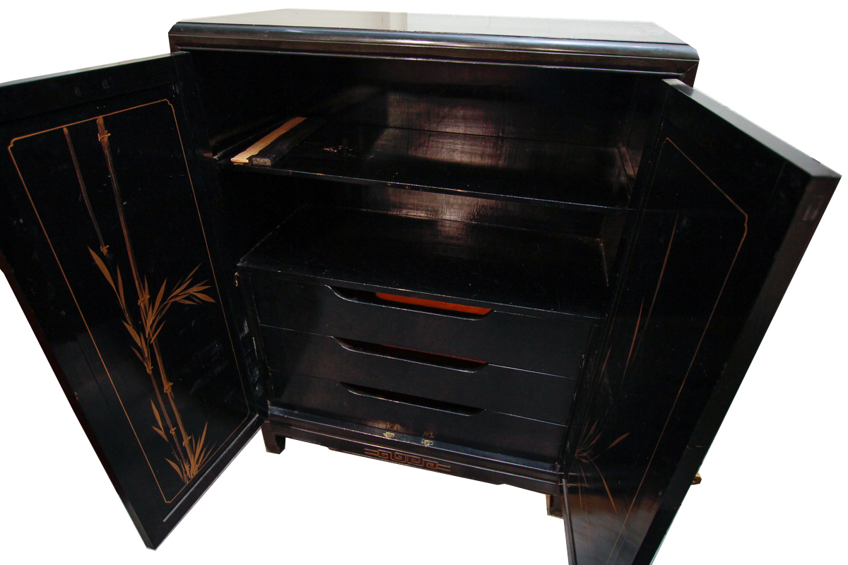 Vintage Chinoiserie Lacquered Cabinet with Hard Stone Applique
