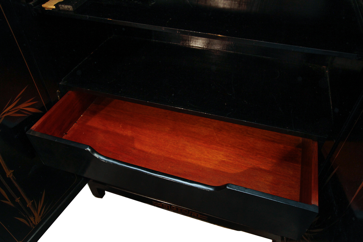 Vintage Chinoiserie Lacquered Cabinet with Hard Stone Applique