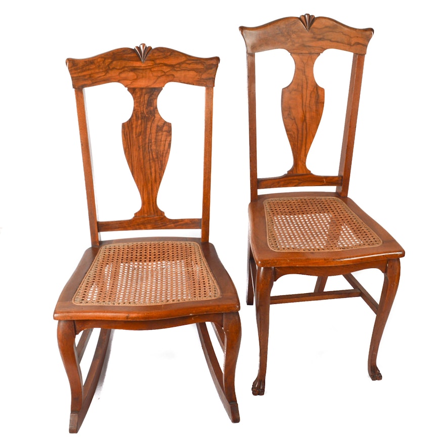 Antique Figured Walnut Chairs with Caned Seats