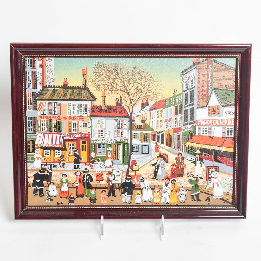 Vintage Acrylic Painting on Canvas of a French Street Scene