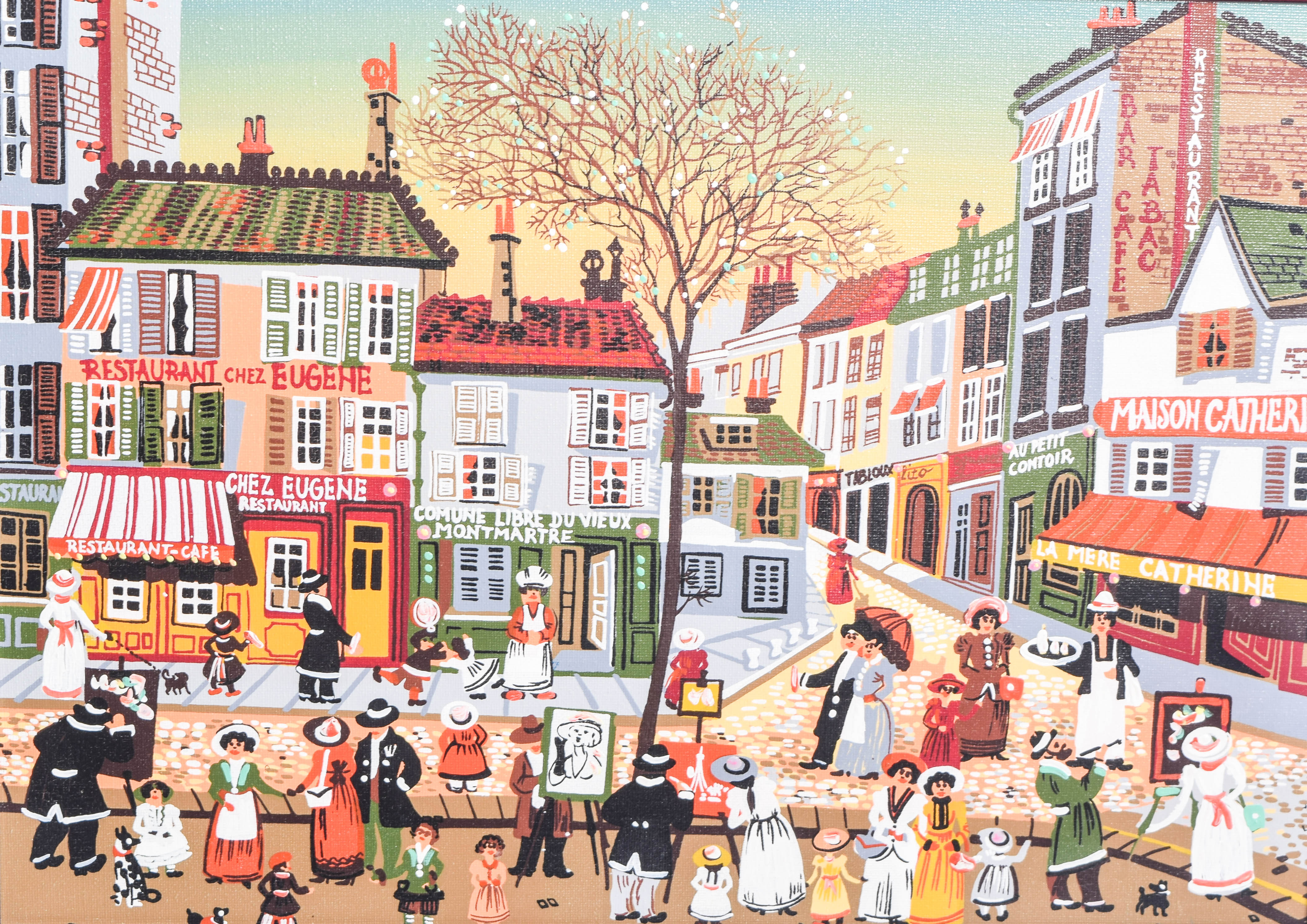Vintage Acrylic Painting on Canvas of a French Street Scene