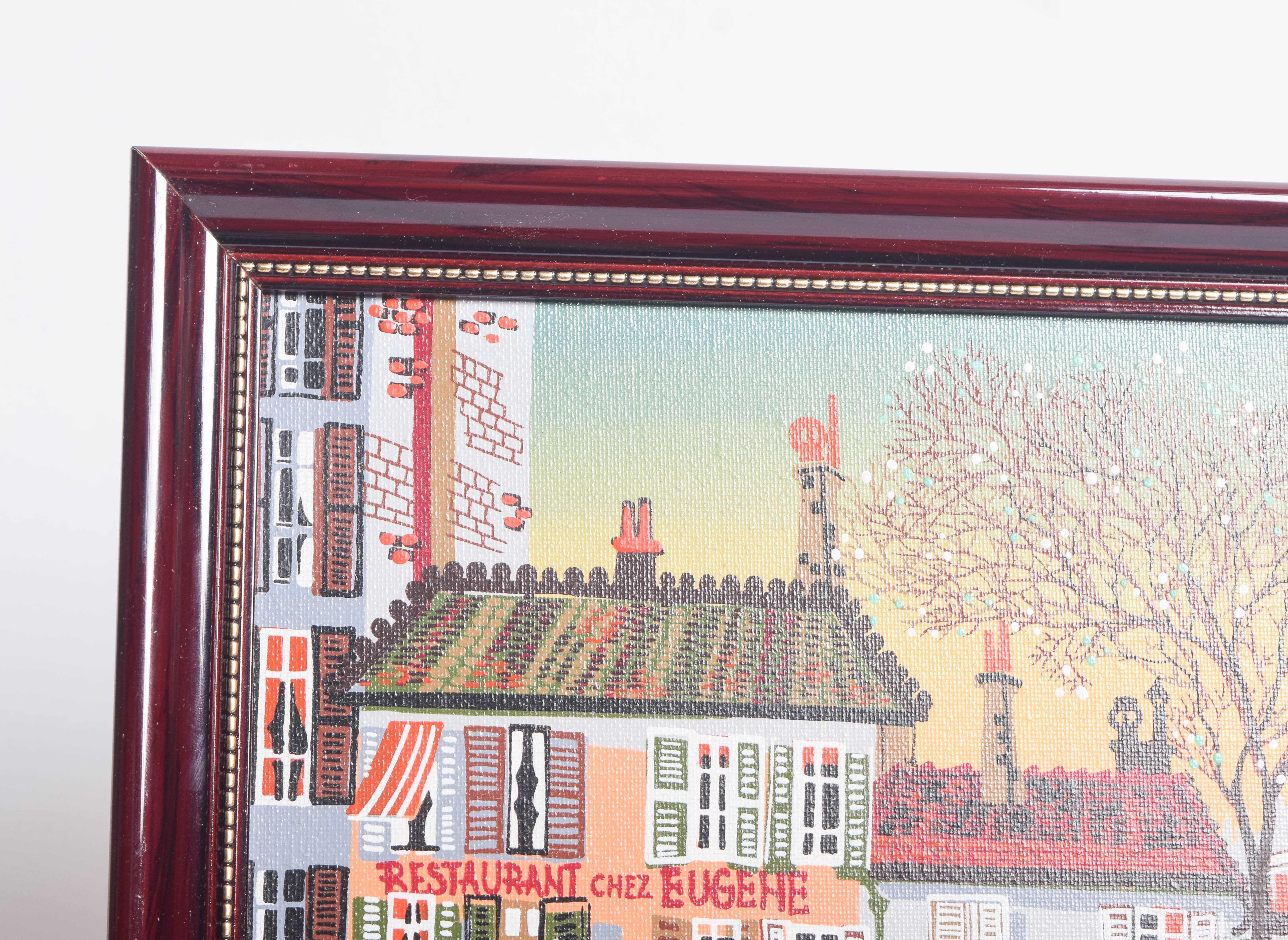 Vintage Acrylic Painting on Canvas of a French Street Scene