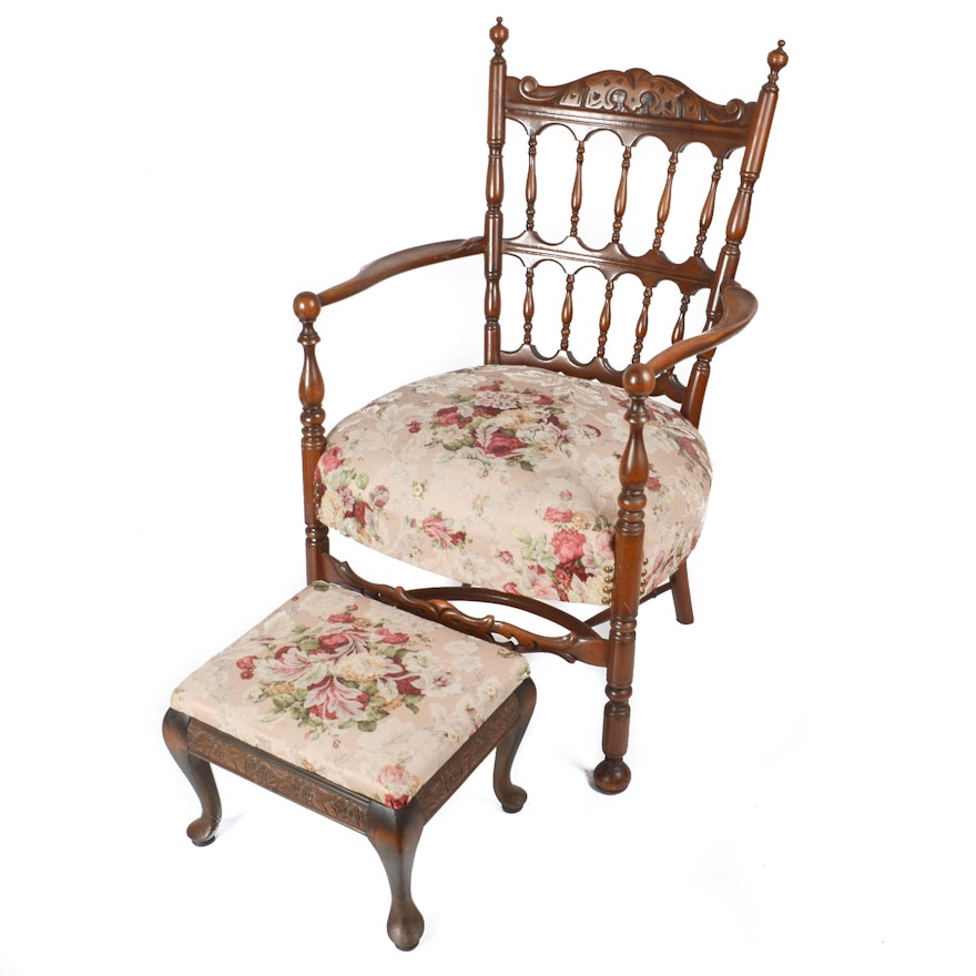 Antique Walnut Armchair with Queen Anne Style Footstool
