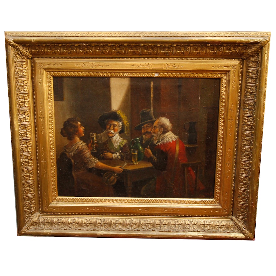 Wood-Framed Oil Painting of a Group of Casual Drinkers