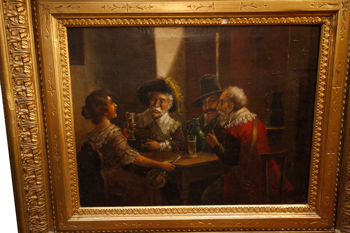 Wood-Framed Oil Painting of a Group of Casual Drinkers