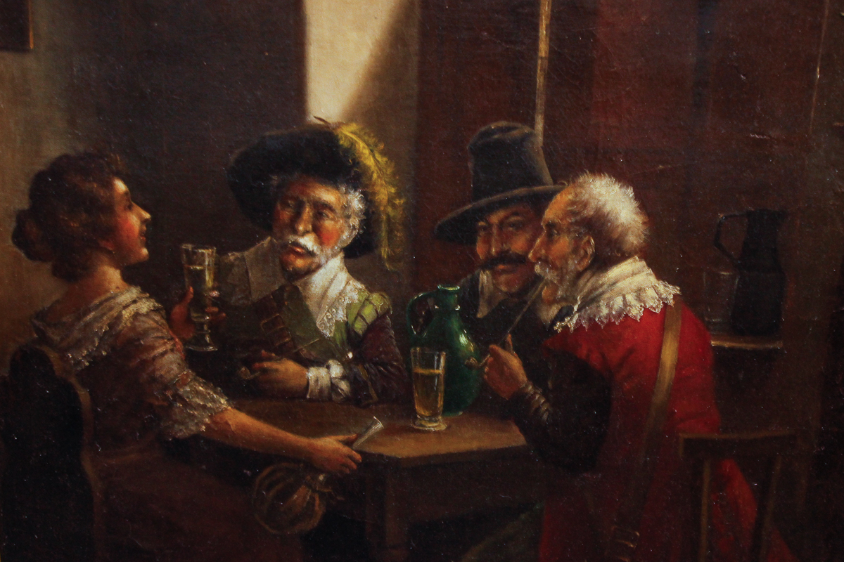 Wood-Framed Oil Painting of a Group of Casual Drinkers