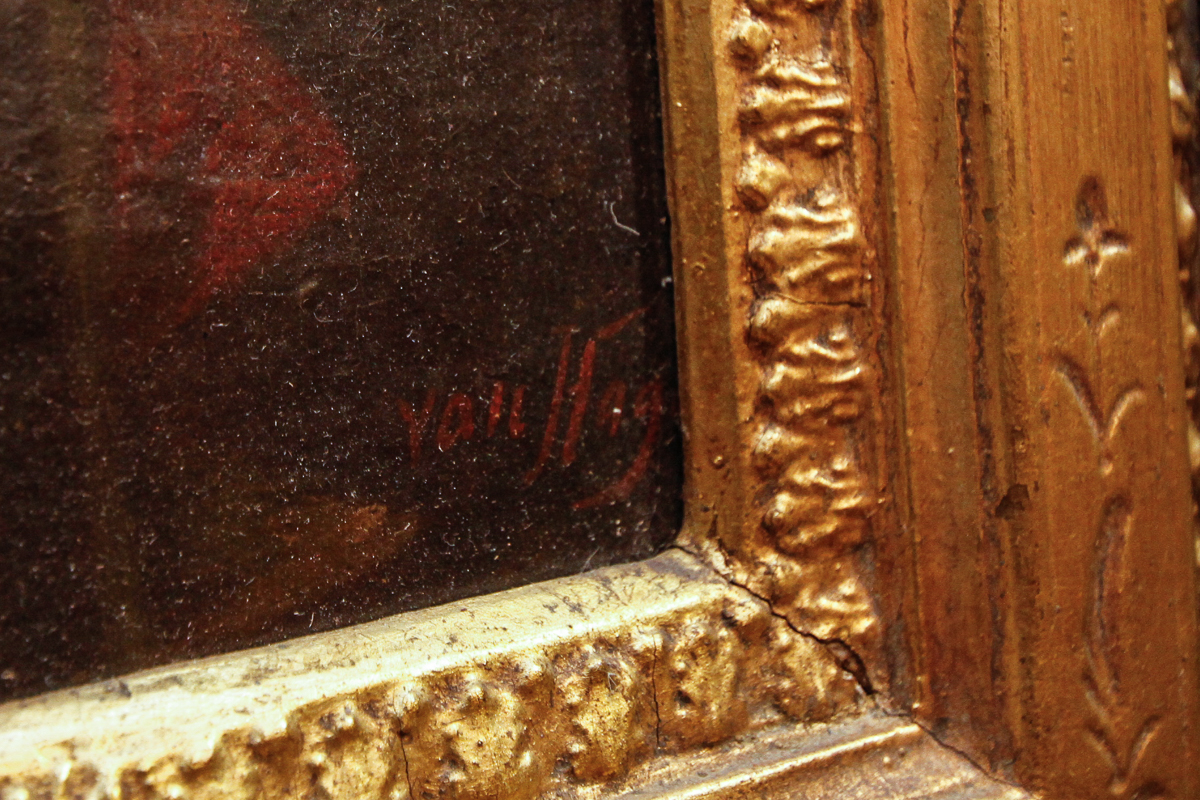 Wood-Framed Oil Painting of a Group of Casual Drinkers