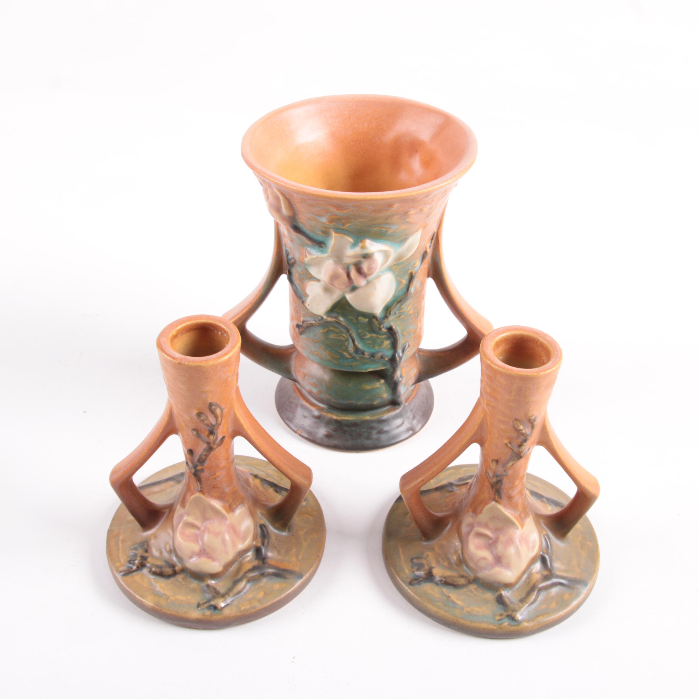 Roseville Pottery "Magnolia"Vase and Candle Holders