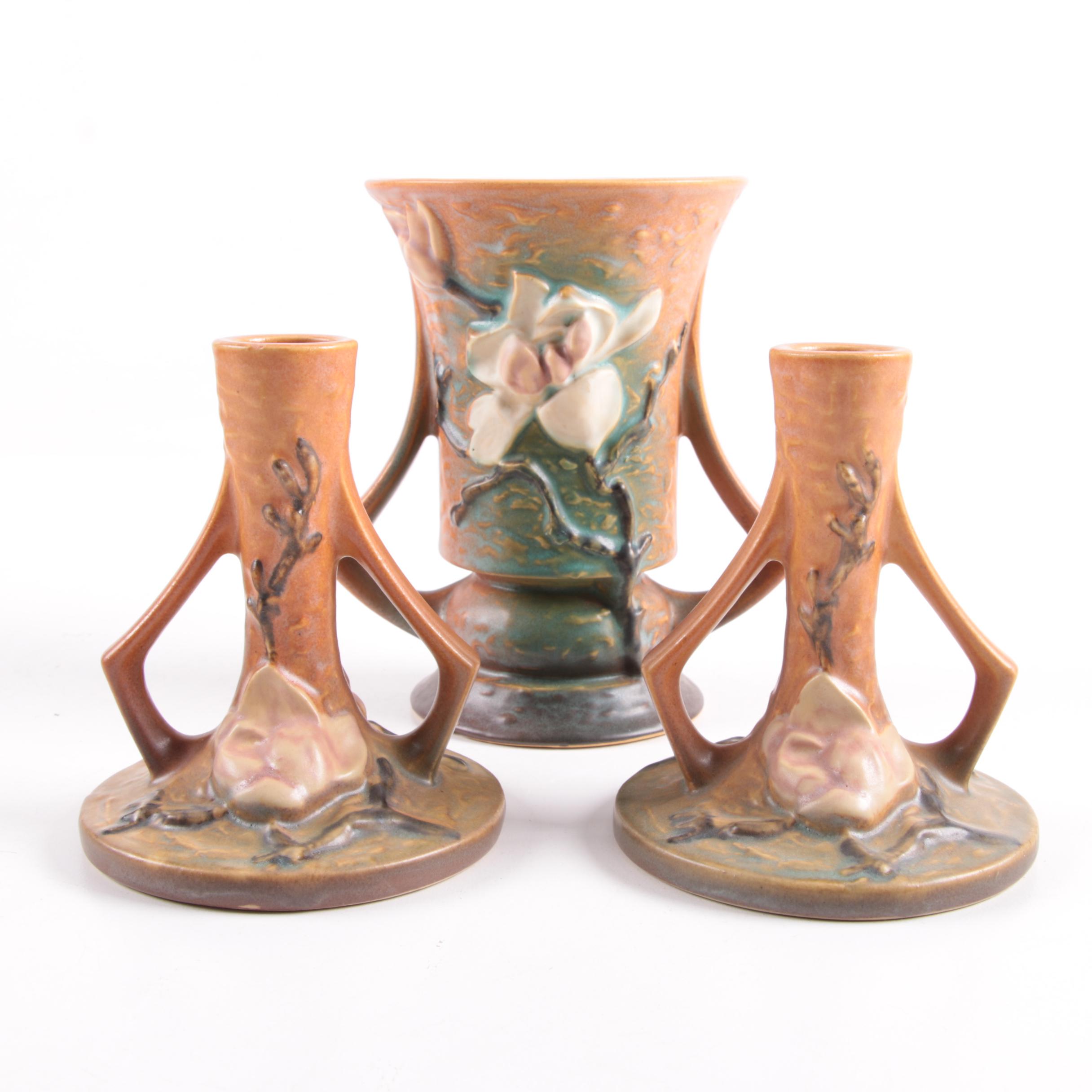Roseville Pottery "Magnolia"Vase and Candle Holders