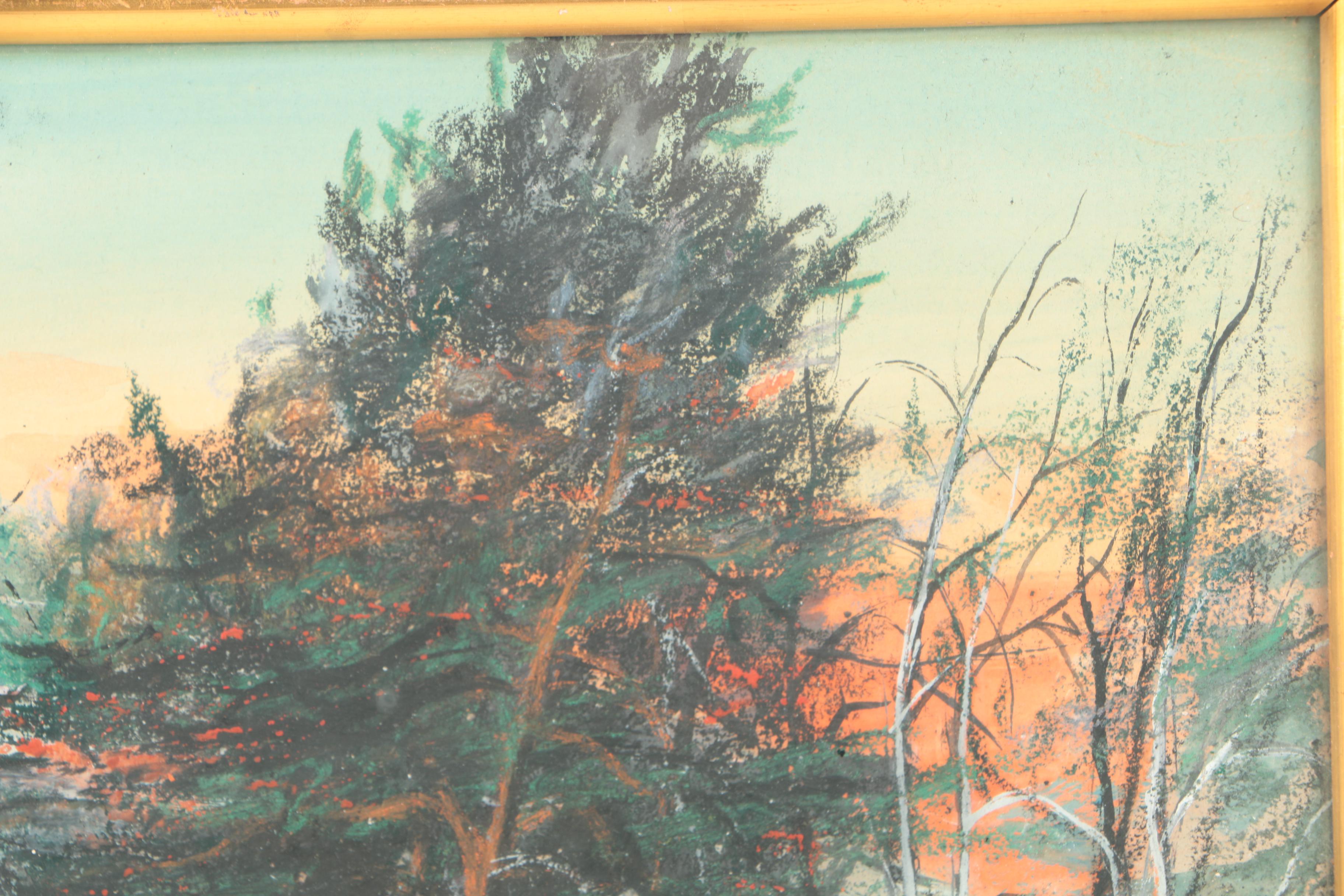 Mixed Media Painting on Paper of a Mountainscape