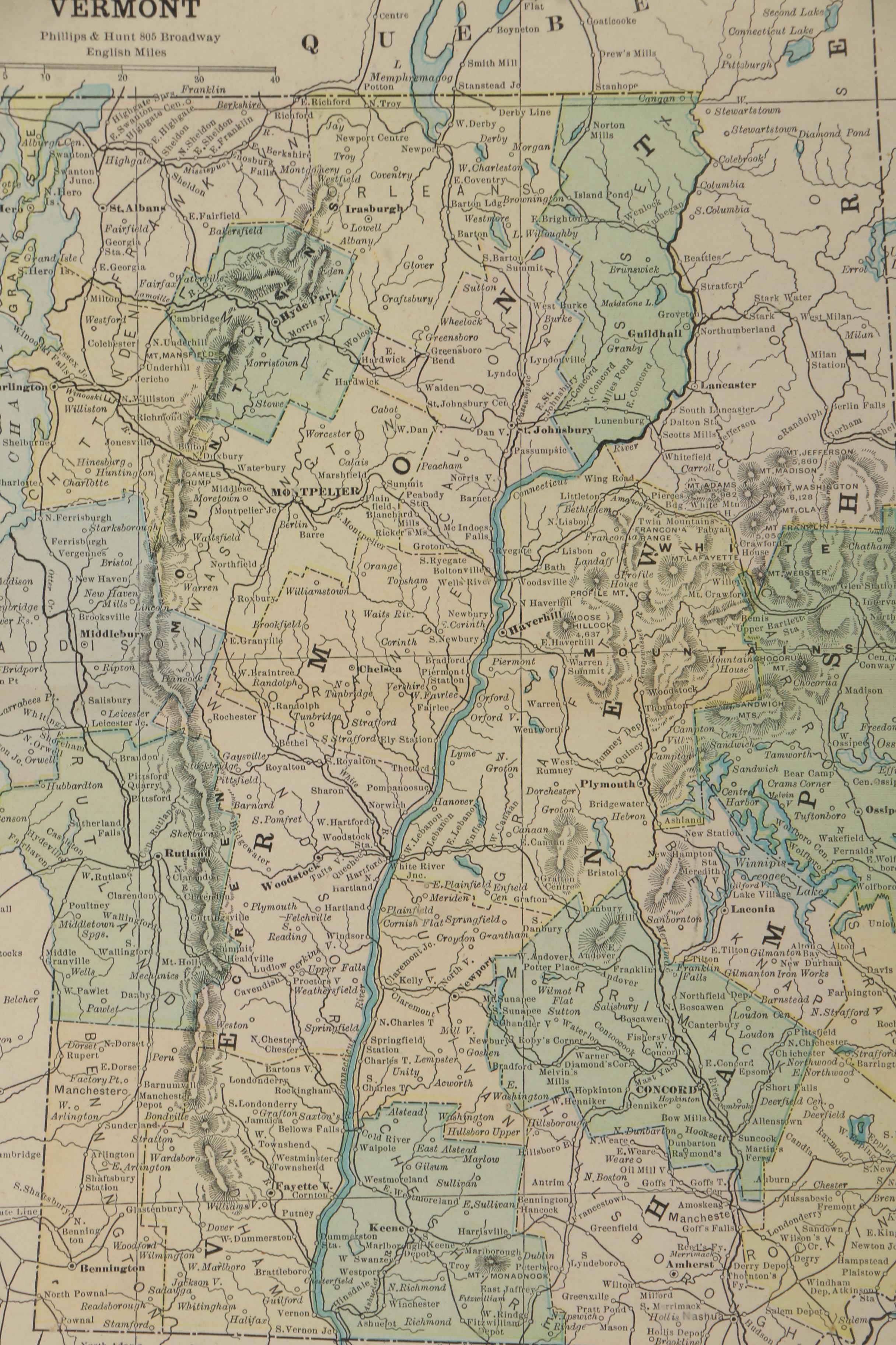 Vintage Lithograph Print on Paper of a Political Map of New Hampshire & Vermont