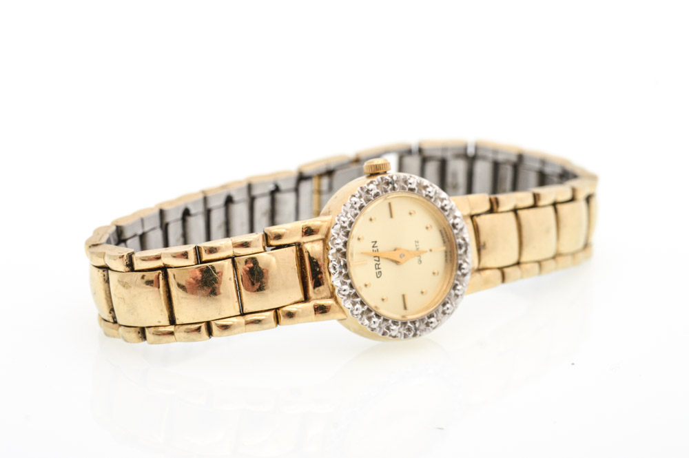 14K White Gold Diamond Hamilton and Diamond Gruen Watches