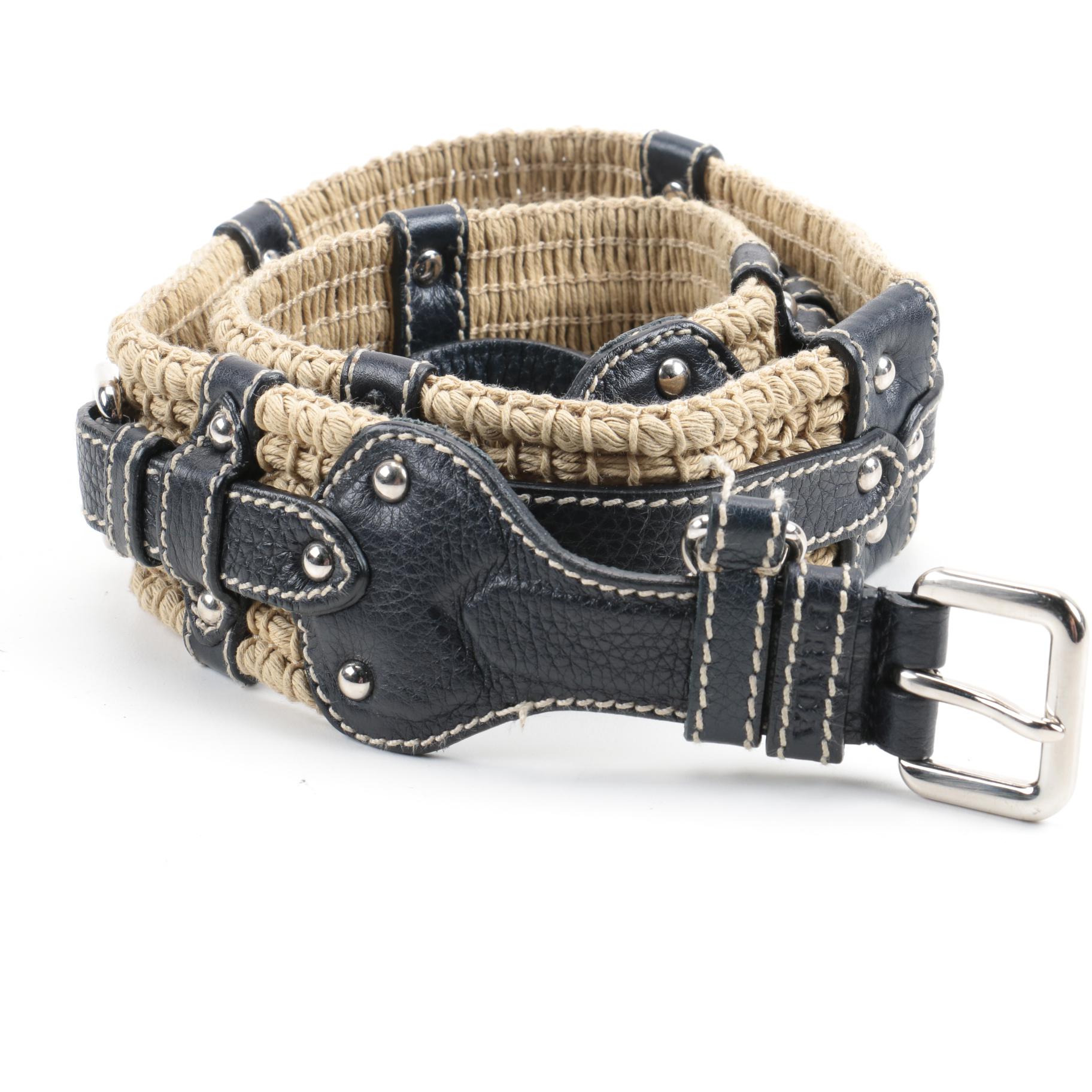 Prada Raffia and Blue Leather Belt