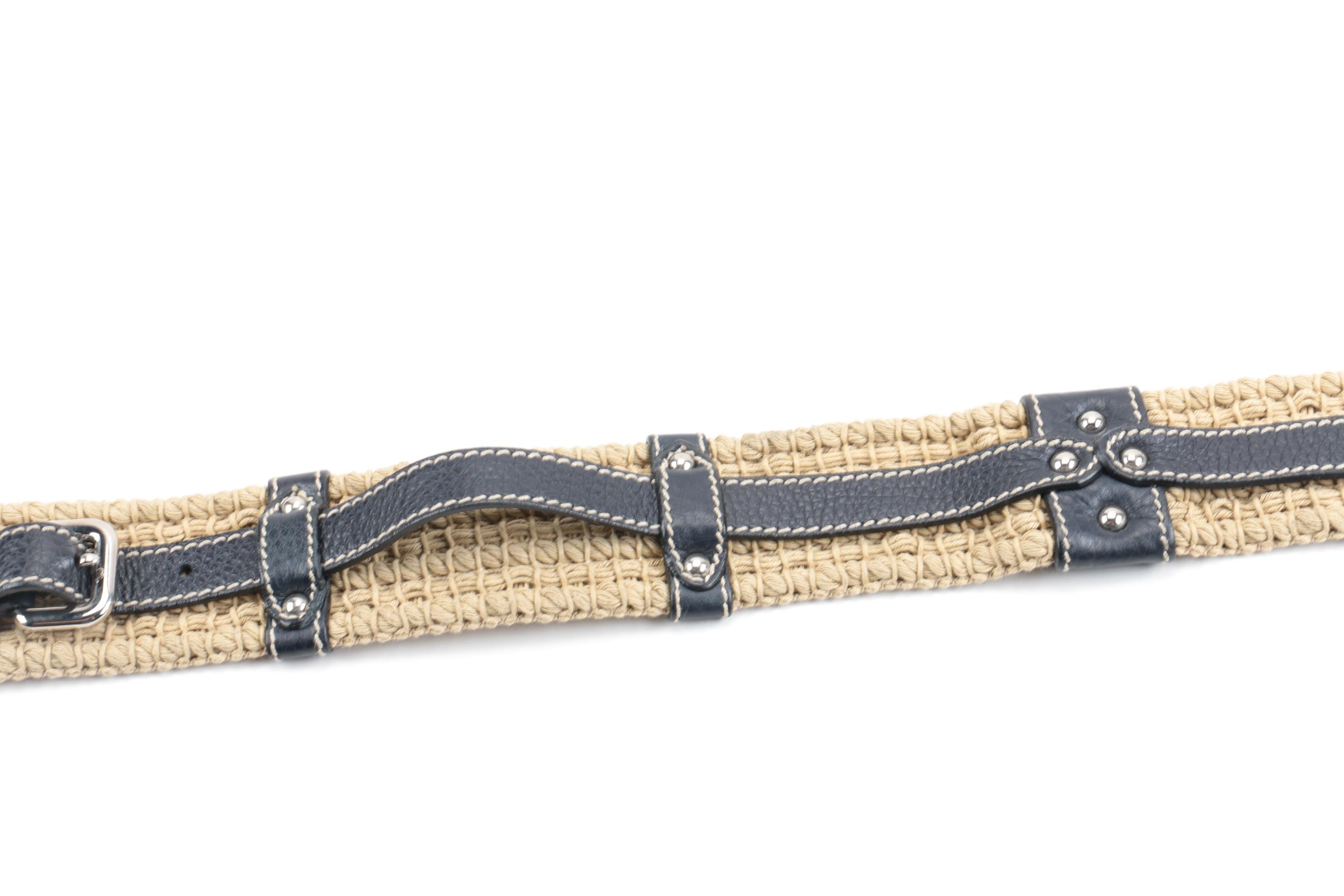 Prada Raffia and Blue Leather Belt