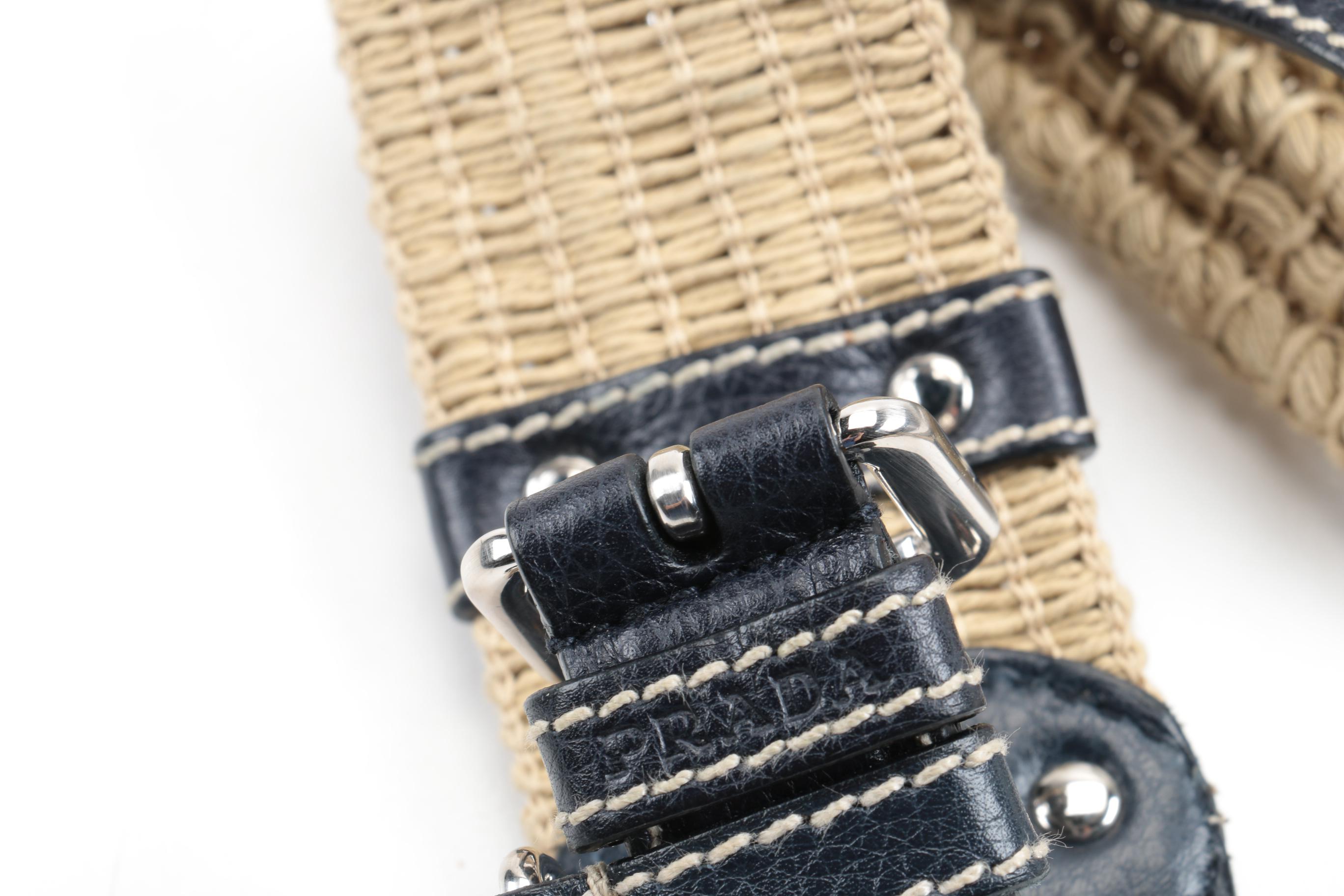 Prada Raffia and Blue Leather Belt