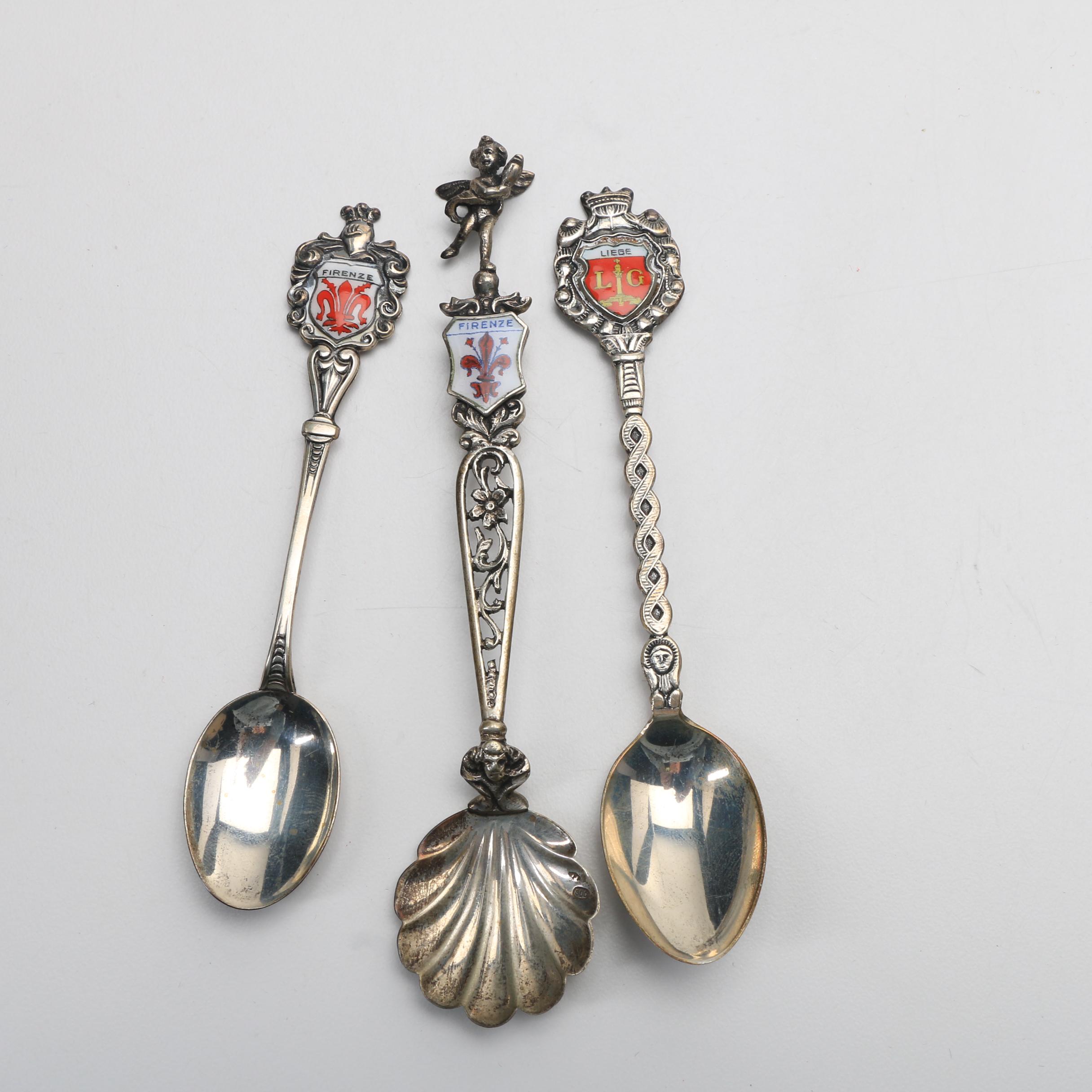 Ten 800 Silver Souvenir Spoons, Mostly European
