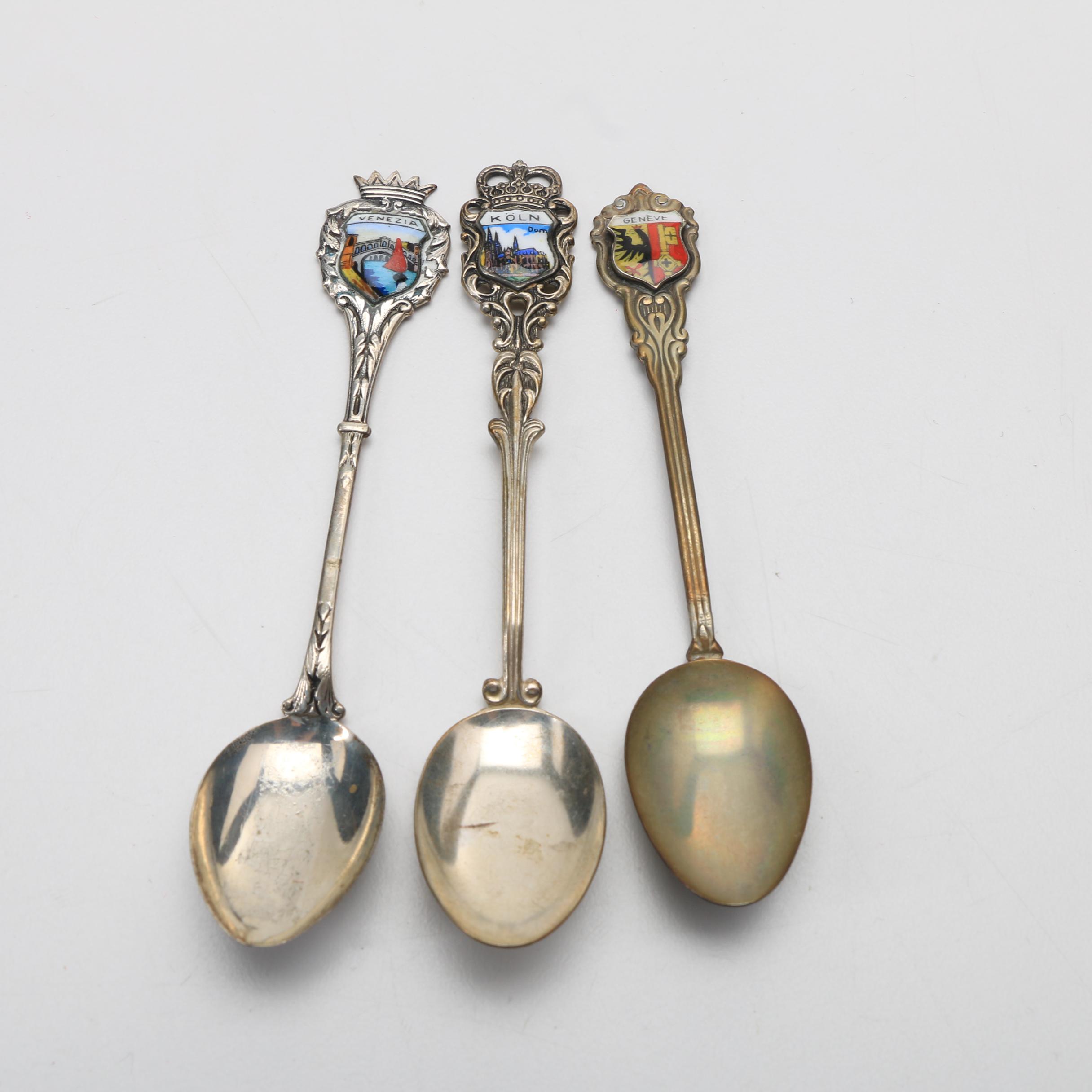 Ten 800 Silver Souvenir Spoons, Mostly European