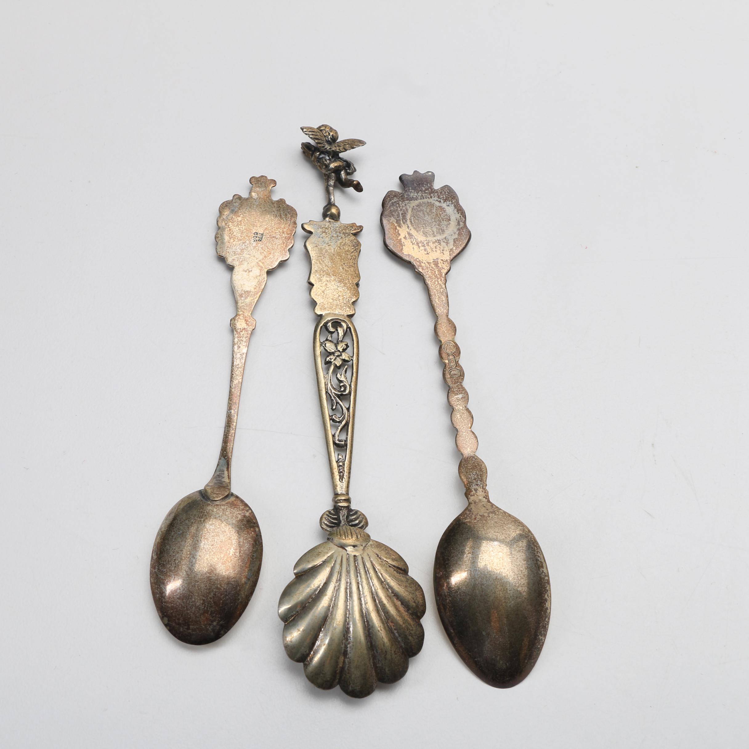 Ten 800 Silver Souvenir Spoons, Mostly European
