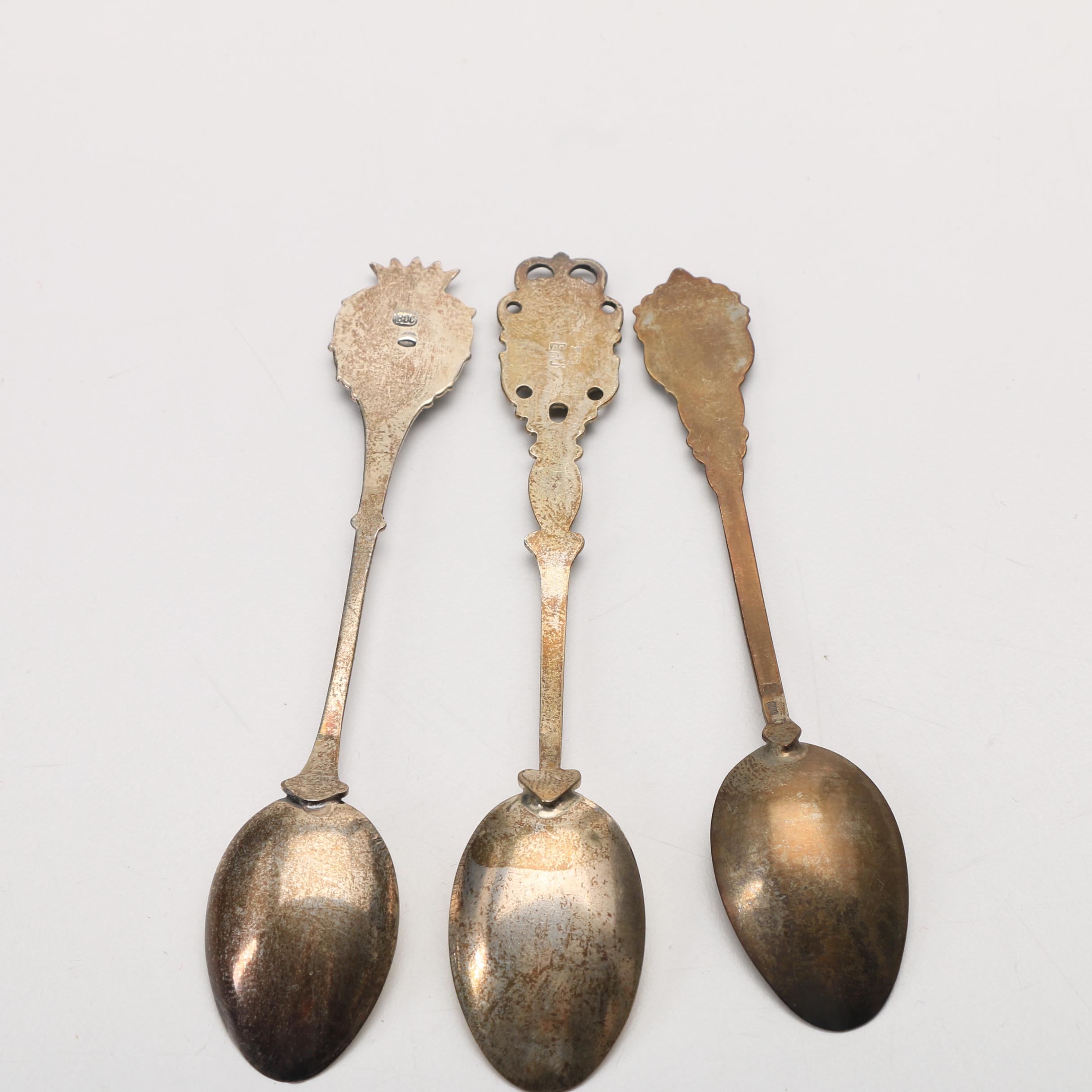 Ten 800 Silver Souvenir Spoons, Mostly European