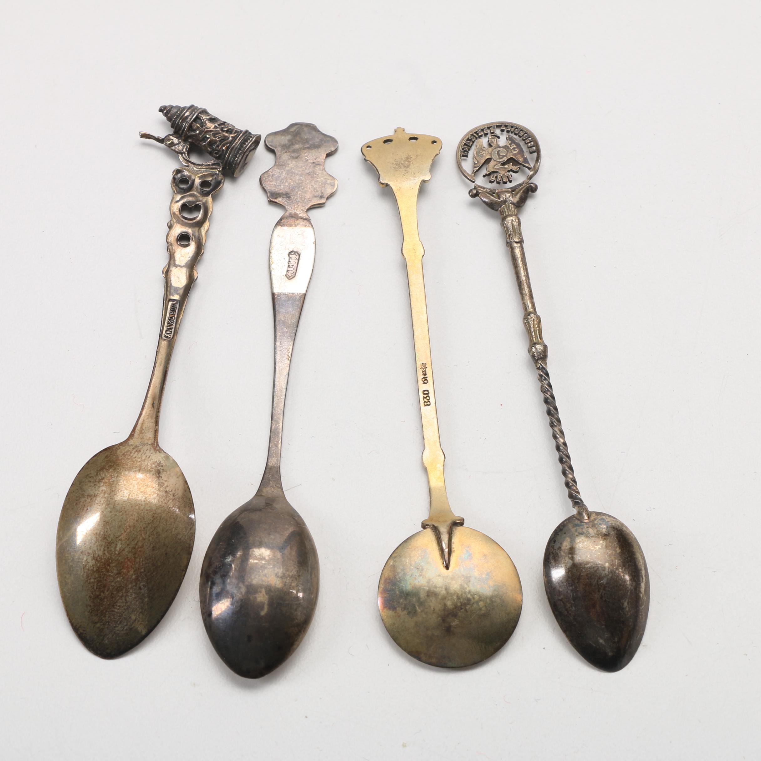 Ten 800 Silver Souvenir Spoons, Mostly European