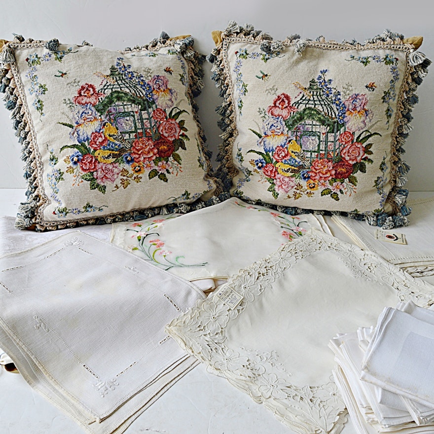 Vintage Table Linens and Pair of Needlepoint Pillows