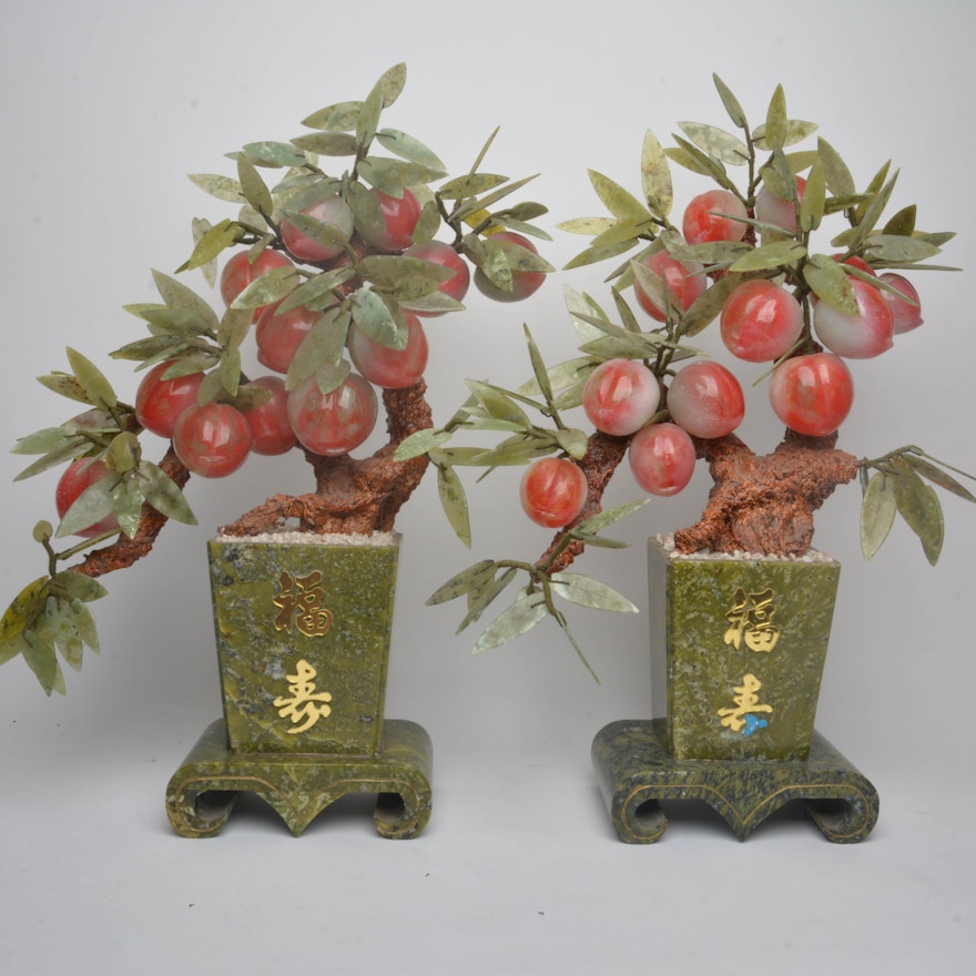 Pair of Serpentine Stone Peach Sculptures