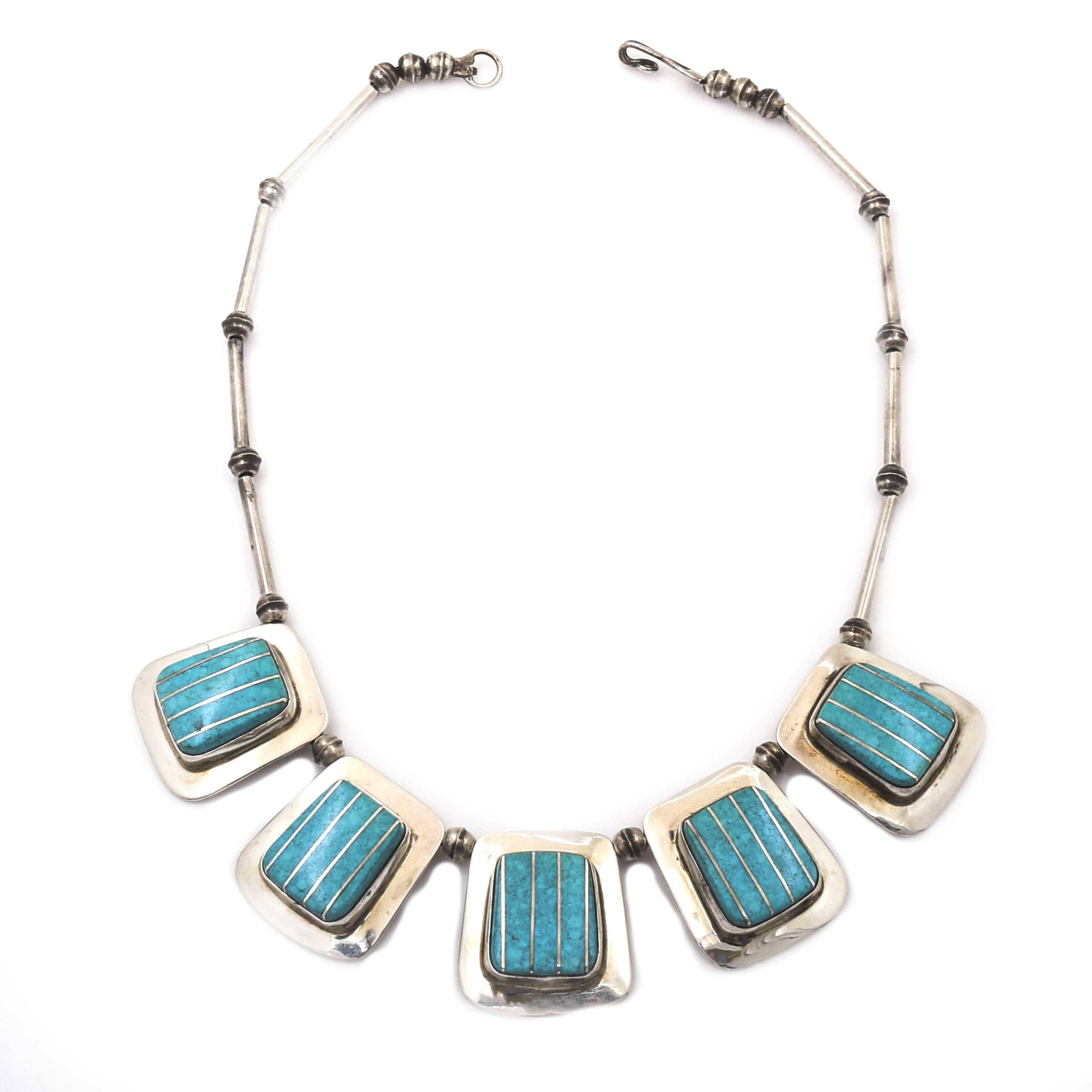 Benjamin James Navajo Sterling Silver Turquoise Inlay Necklace