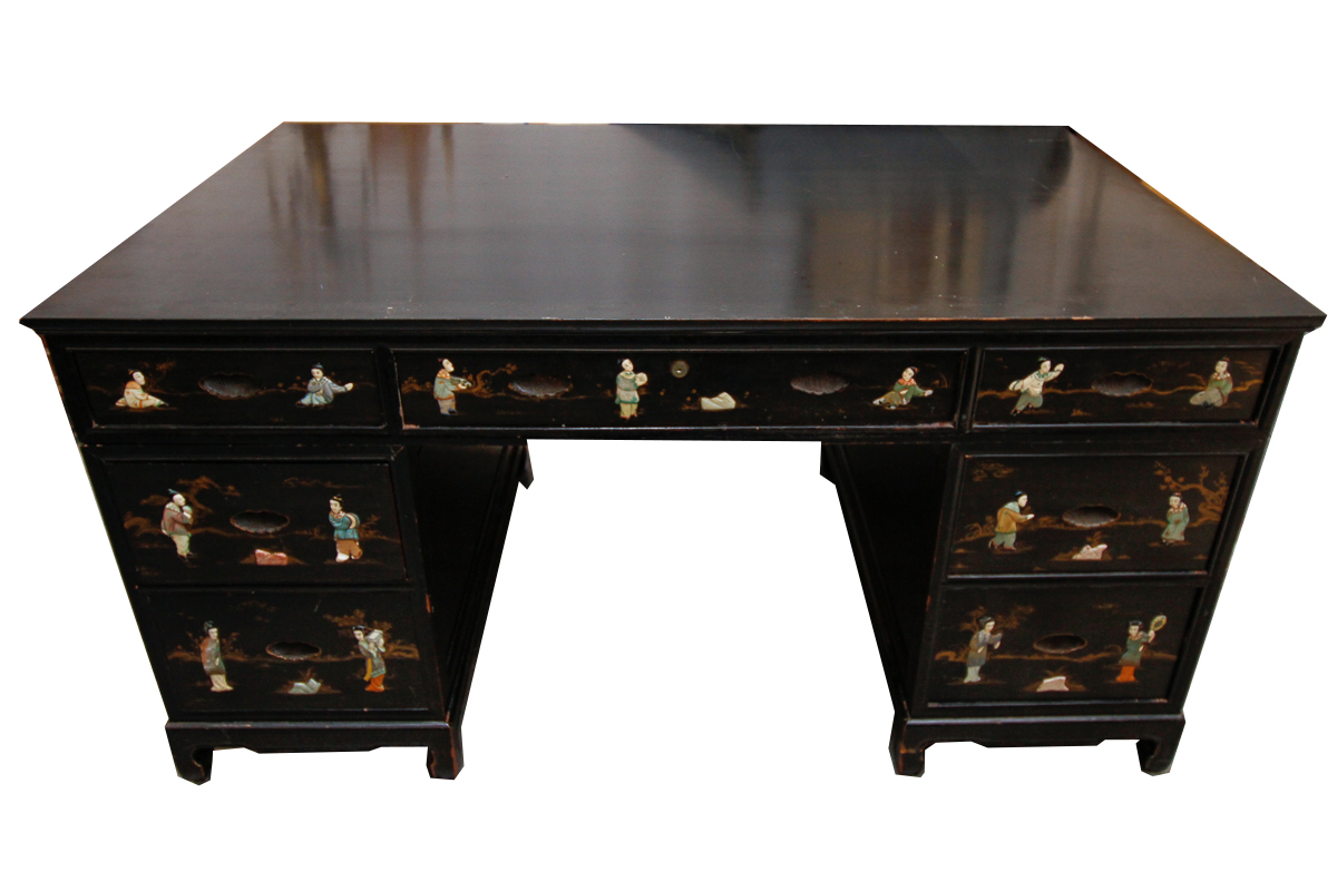 Chinese Style Writing Desk with Figural Inlays
