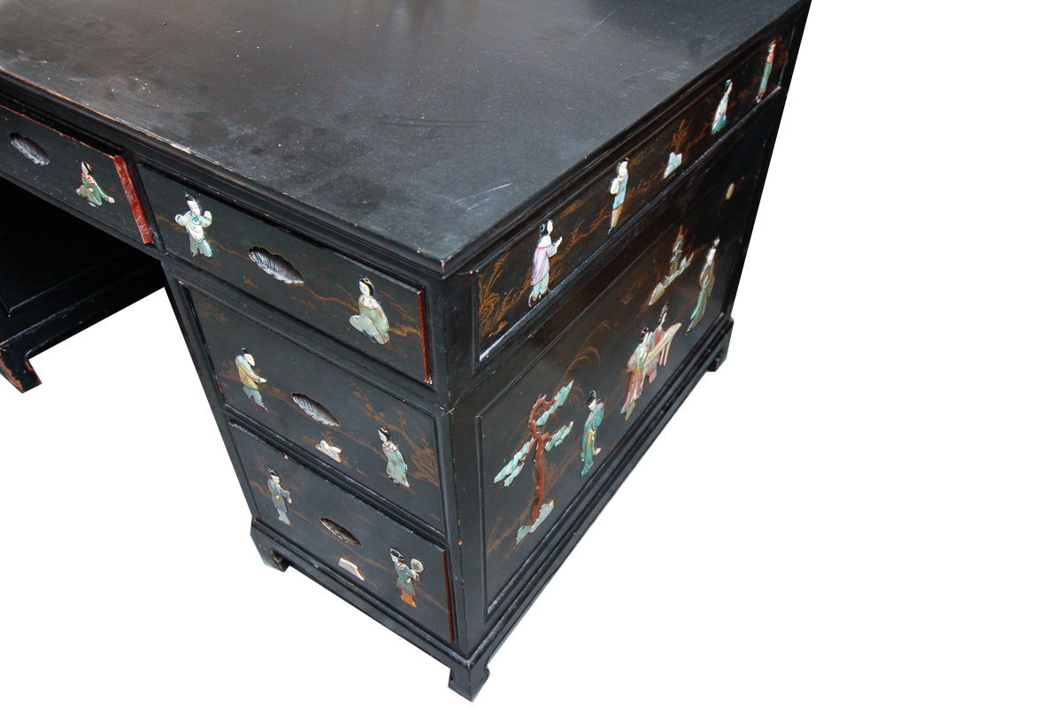 Chinese Style Writing Desk with Figural Inlays